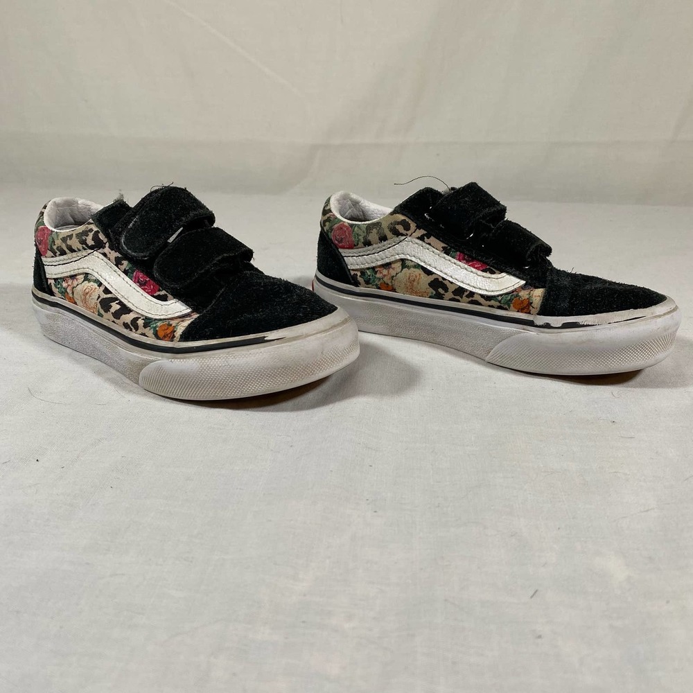 Vans Old Skool Girls Kids 11 Leopard Floral Velcro Closure Suede Black Shoes - Picture 2 of 10